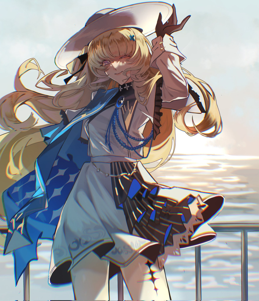 1girl, black_bow, black_collar, black_gloves, blonde_hair, blue_gemstone, blue_sash, bow