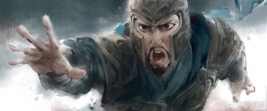 1boy, armor, black_eyes, chinese_armor, facial_hair, faux_traditional_media, goatee, grey_background