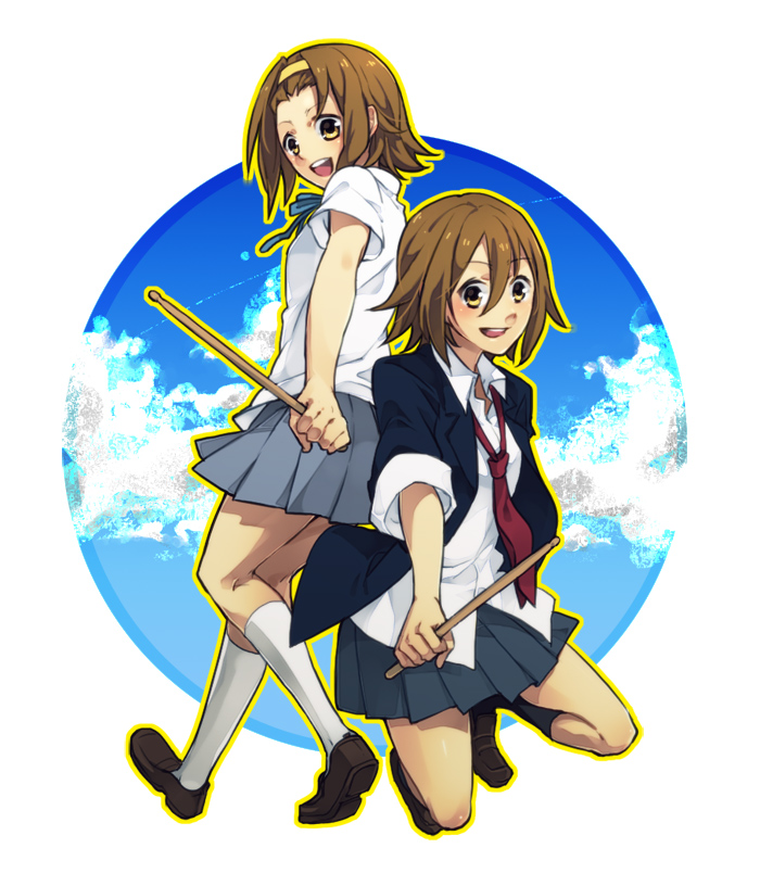back-to-back, brown_eyes, brown_hair, drumsticks, dual_persona, gime, hair_down, hairband