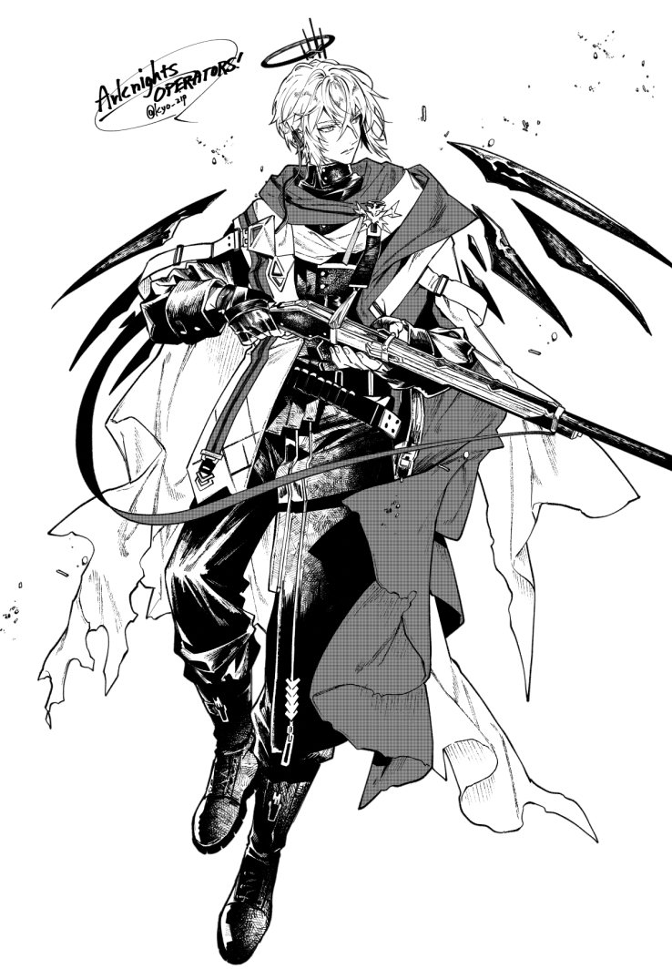 1boy, arknights, asymmetrical_clothes, baggy_pants, boots, crossed_bangs, executor_(arknights), fingerless_gloves