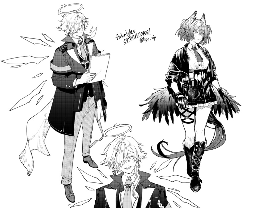 1boy, 1girl, arknights, black_gloves, boots, closed_eyes, coat, double-parted_bangs