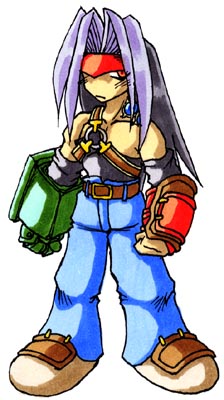 asymmetrical_clothing, belt, black_hair, brad_evans, chibi, frown, gauntlets, gloves, headband, jeans, kenryutei, long_hair, lowres, male, multicolored_hair, pants, parted_bangs, red_eyes, shoes, solo, white_hair, wild_arms, wild_arms_2