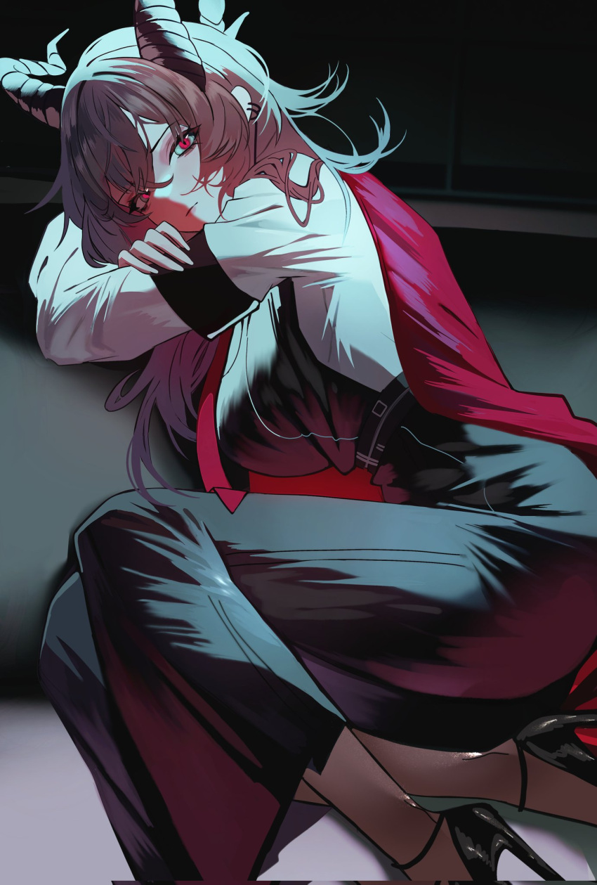 1girl, alternate_costume, armband, black_armband, black_horns, black_pants, black_pantyhose, black_shirt, black_shoes, breasts, closed_mouth, commentary, corrupted_twitter_file, curled_horns, grey_hair, hashtag-only_commentary, high-waist_pants, high_heels, highres, horns, large_breasts, long_hair, looking_at_viewer, pants, pantyhose, red_eyes, sanya_(sanya_lox228), shirt, shoes, sitting, solo, white_shirt, wuthering_waves, zani_(wuthering_waves)