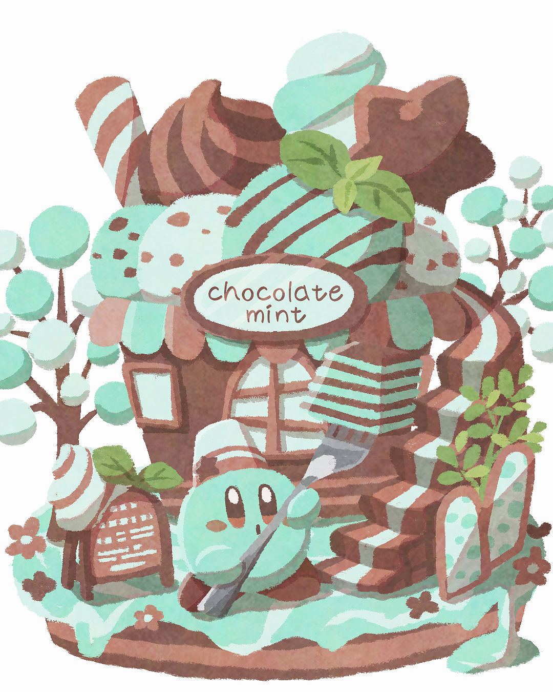 blush_stickers, brown_eyes, brown_hat, building, cake, cake_slice, colored_skin, commentary