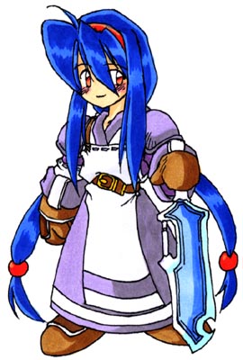 ahoge, anastasia_valeria, apron, belt, blue_hair, blush, chibi, dress
