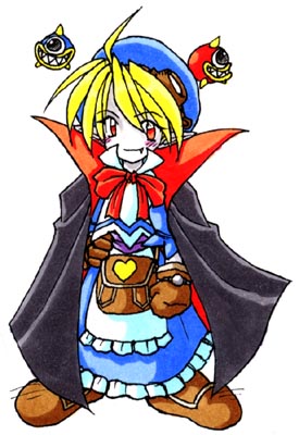 ahoge, apron, bag, blonde_hair, cape, fang, gloves, goggles
