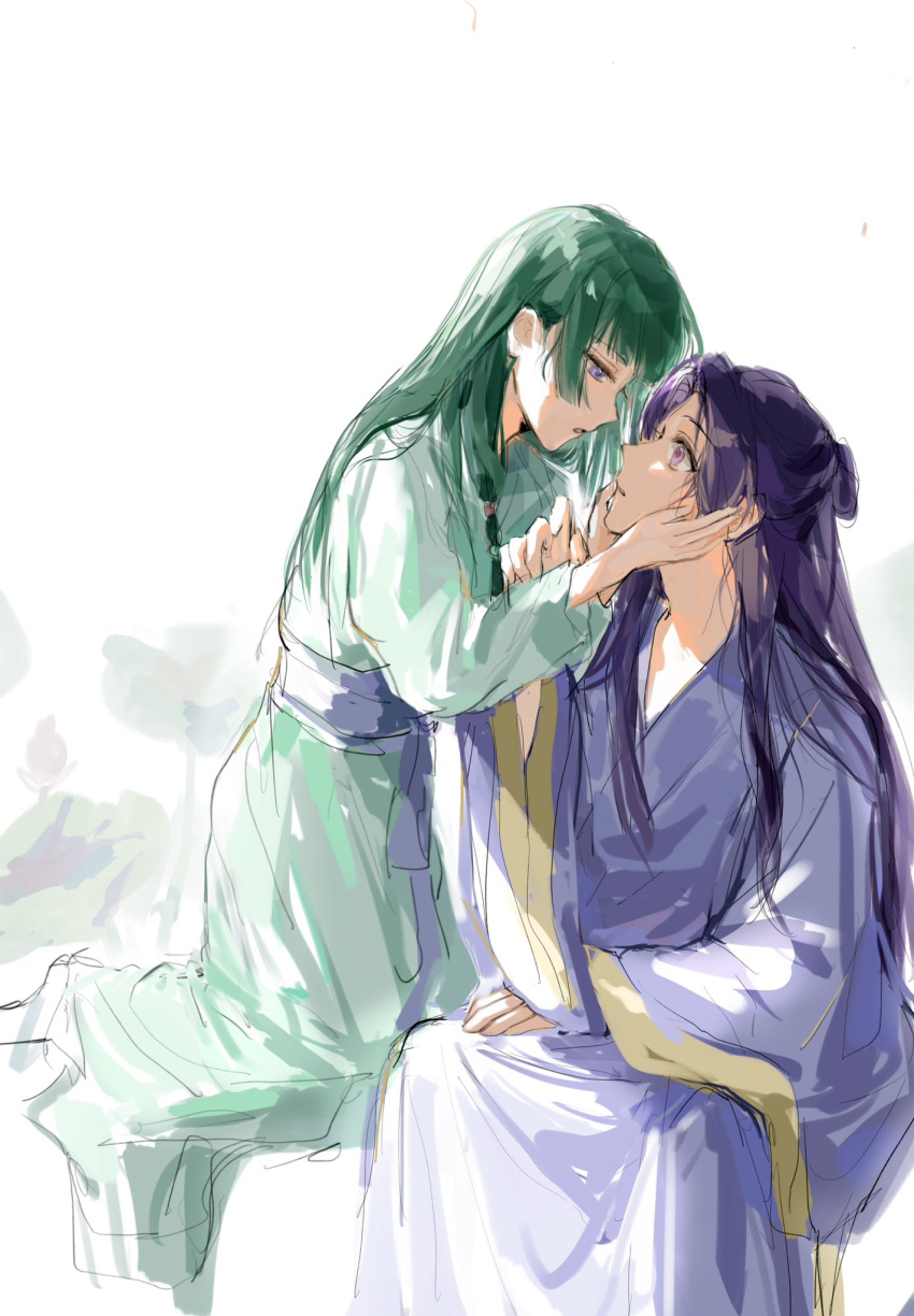 1boy, 1girl, :o, blue_eyes, blunt_bangs, chinese_clothes, eye_contact, from_side