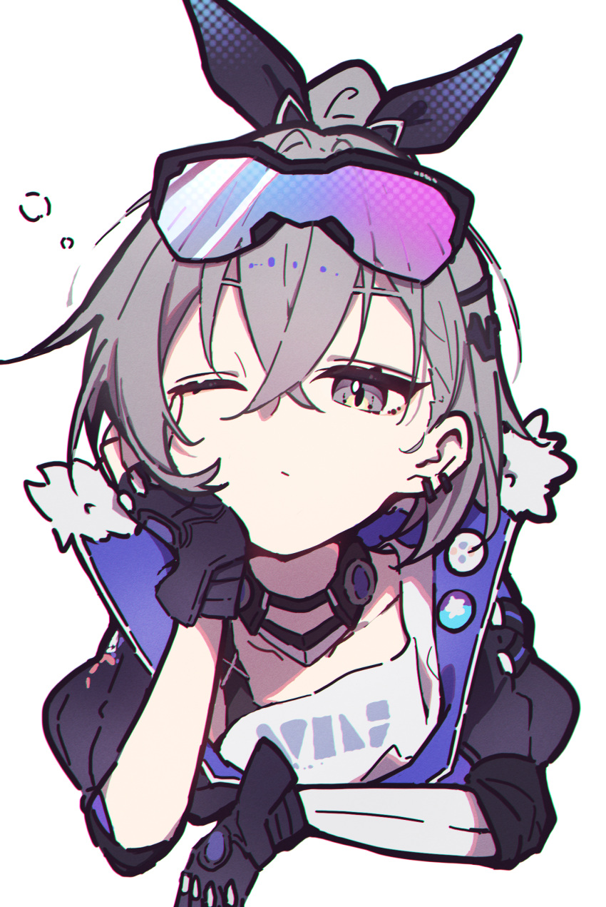 1girl, aitekku, eyewear_on_head, gloves, grey_hair, hair_between_eyes, hair_ornament, head_rest