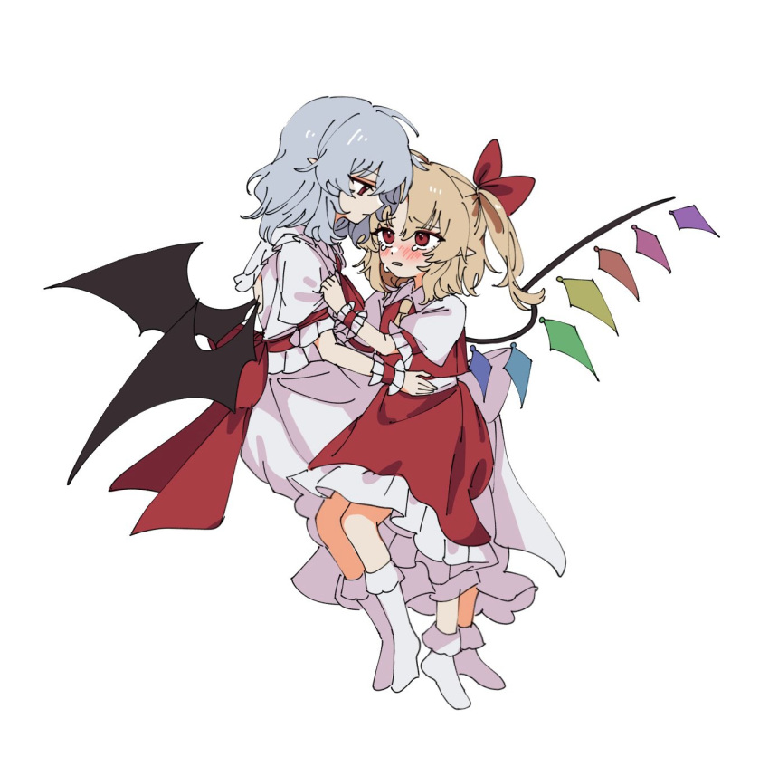 2girls, ascot, back_cutout, bat_wings, blonde_hair, blue_hair, blush, bobby_socks, bow, clothing_cutout, collared_shirt, commentary_request, crying, crying_with_eyes_open, flandre_scarlet, frilled_shirt_collar, frills, full_body, hair_bow, hand_on_another's_waist, highres, hua88331, looking_at_another, multiple_girls, no_headwear, pink_shirt, pink_skirt, pointy_ears, puffy_short_sleeves, puffy_sleeves, red_ascot, red_bow, red_eyes, red_skirt, remilia_scarlet, shirt, short_sleeves, siblings, simple_background, sisters, skirt, socks, tears, touhou, white_background, white_shirt, white_socks, wings, wrist_cuffs, yellow_ascot