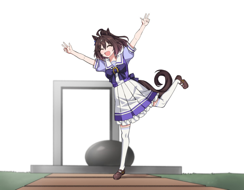 1girl, ahoge, animal_ears, back_bow, bow, bowtie, brown_hair, brown_shoes
