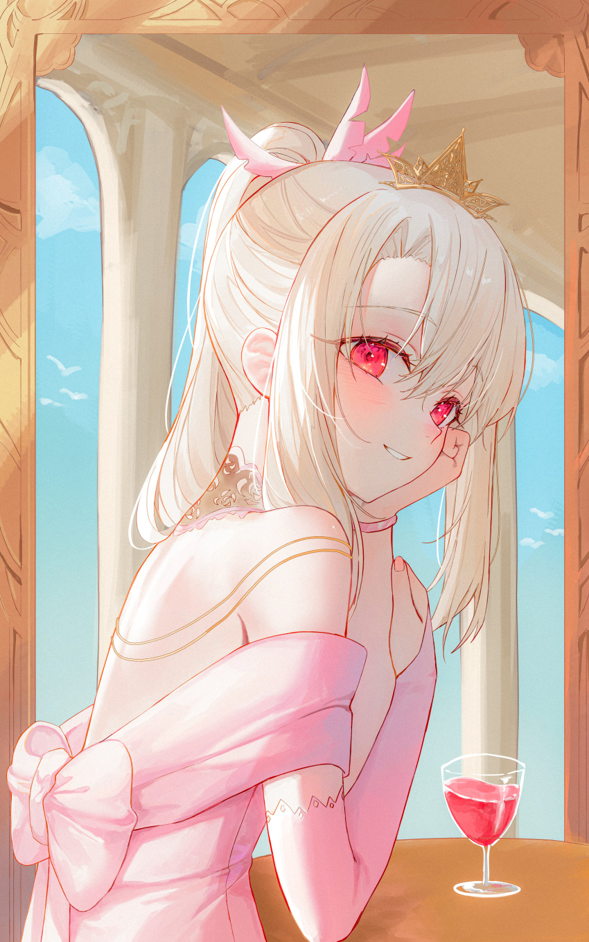 1girl, absurdres, bare_shoulders, blue_sky, blush, bridal_gauntlets, cup, dress