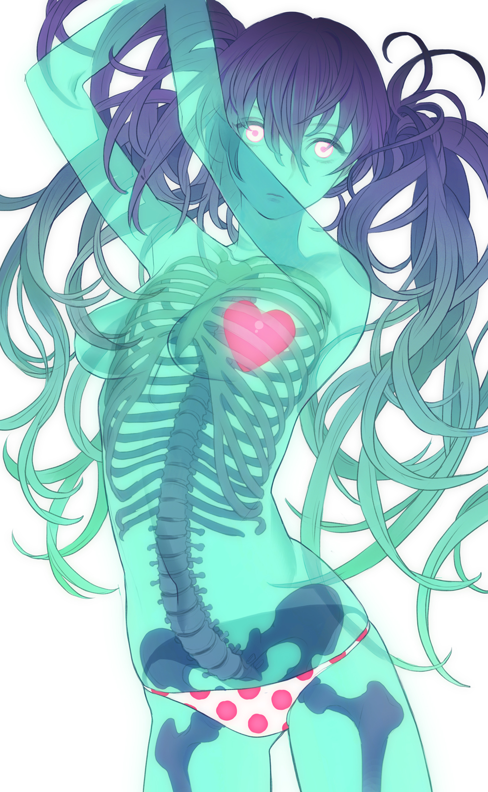 arms_up, bone, breasts, goo_girl, green_skin, hatsune_miku, heart, highres