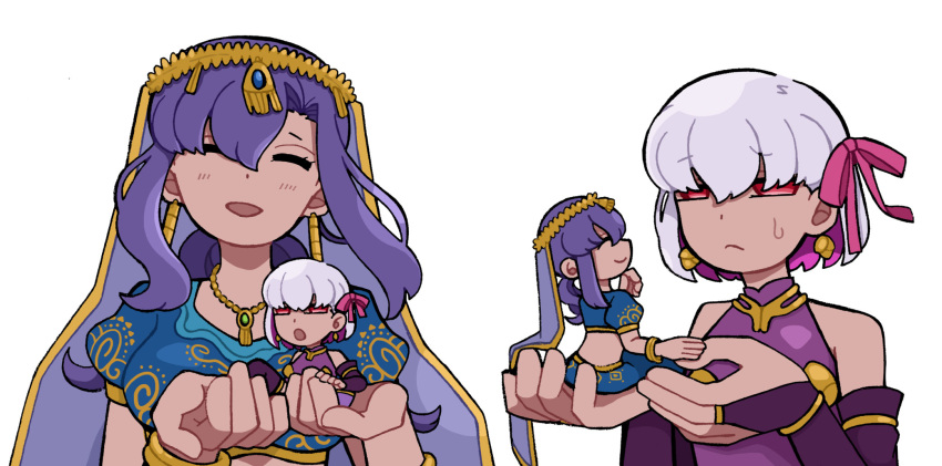 2girls, crop_top, fate/grand_order, fate_(series), highres, indian_clothes, kama_(fate), kama_(first_ascension)_(fate), keshigomusan1, long_hair, looking_at_another, medium_hair, multiple_girls, parvati_(fate), veil, white_hair