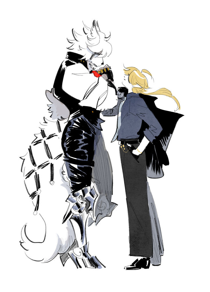 2boys, animal_ears, blonde_hair, english_commentary, full_body, furry, furry_male, hugo_vlad