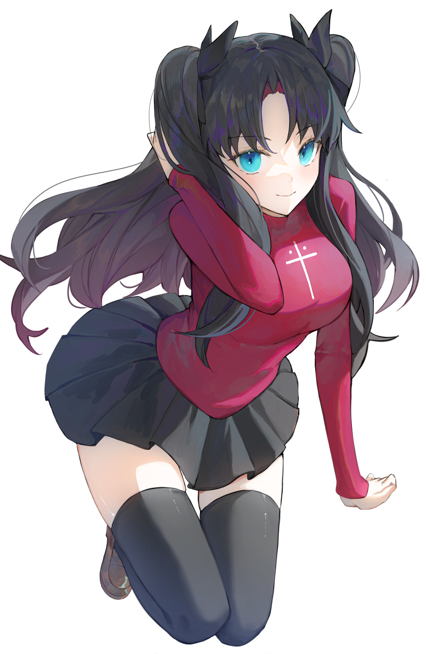 1girl, absurdres, black_hair, black_skirt, black_thighhighs, blue_eyes, fate/stay_night, fate_(series), full_body, highres, kaze_22, long_hair, looking_at_viewer, red_shirt, shirt, simple_background, skirt, smile, solo, thigh-highs, thigh_gap, tohsaka_rin, twintails, two_side_up, white_background, zettai_ryouiki