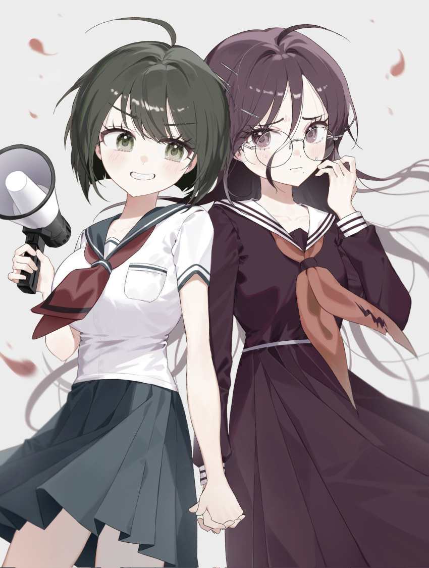 2girls, ahoge, black_hair, blush, breast_pocket, breasts, brown_hair, chama_(chacoc0)