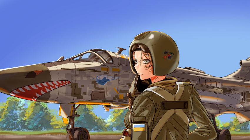 1girl, absurdres, air-to-air_missile, aircraft, airplane, blue_eyes, blue_sky, camouflage