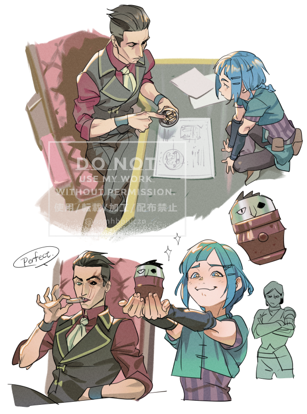 1boy, 2girls, arcane:_league_of_legends, black_sclera, blush, brown_hair, child, colored_sclera