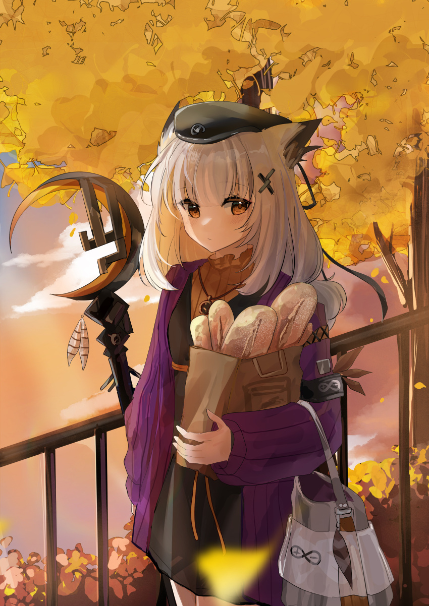 1girl, absurdres, arknights, bag, baguette, black_dress, black_hat, bread