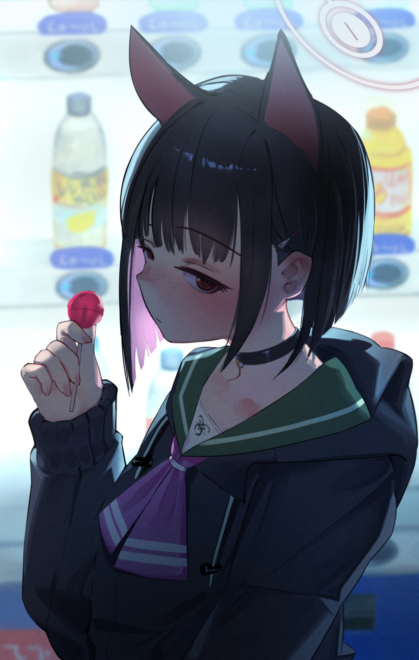 1girl, animal_ears, black_choker, black_hoodie, blue_archive, blunt_ends, blush, candy
