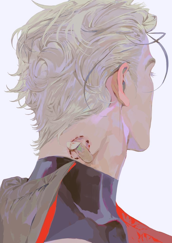 1boy, adam's_apple, bite_mark, cape, faceless, from_behind, looking_afar, looking_ahead