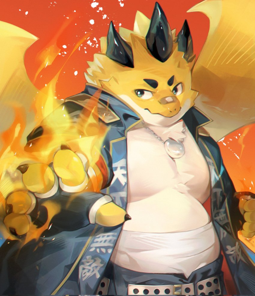 1boy, bandaged_torso, bandaid, bandaid_on_face, bandaid_on_nose, black_gloves, claws, closed_mouth, coat, commentary_request, dragon_boy, dragon_horns, dragon_wings, fingerless_gloves, flaming_hand, furry, furry_male, gloves, highres, horns, jewelry, male_focus, necklace, open_clothes, open_coat, shimosa_(tamacolle), tamacolle, wings, zhaowaaa