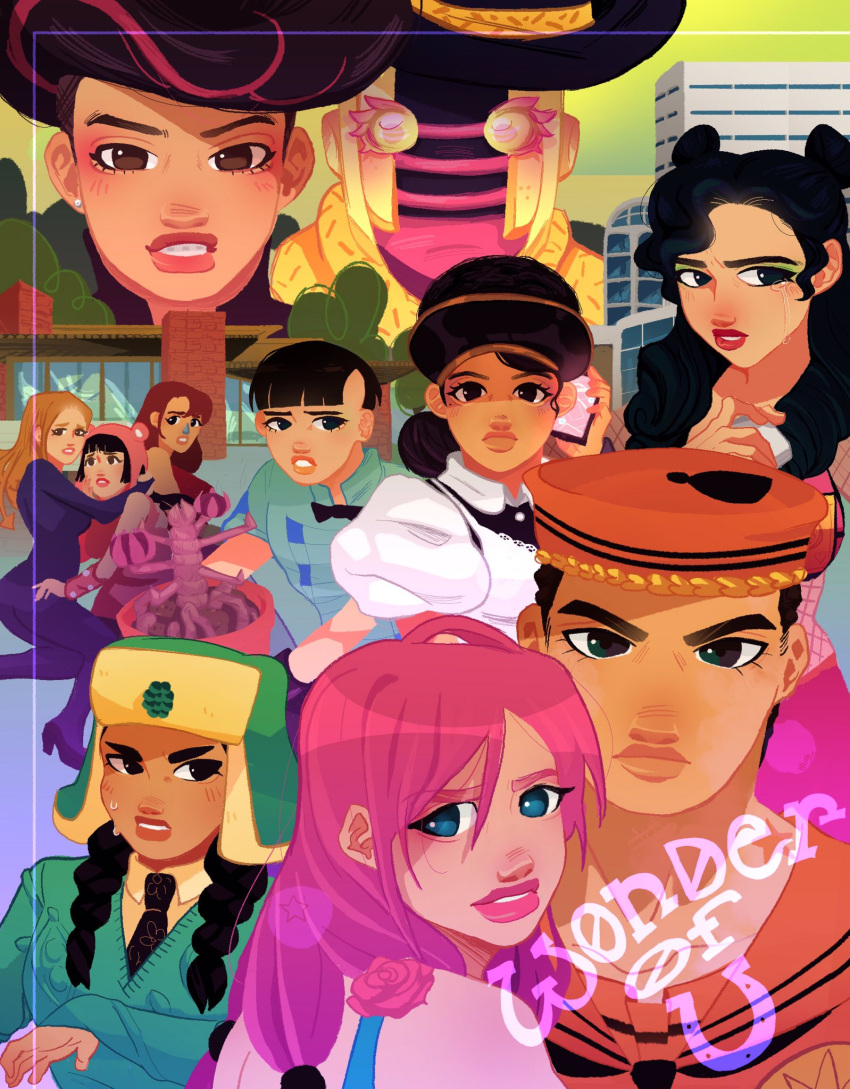 1other, 4boys, 6+girls, black_eyes, black_hair, blue_eyes, cellphone, crying