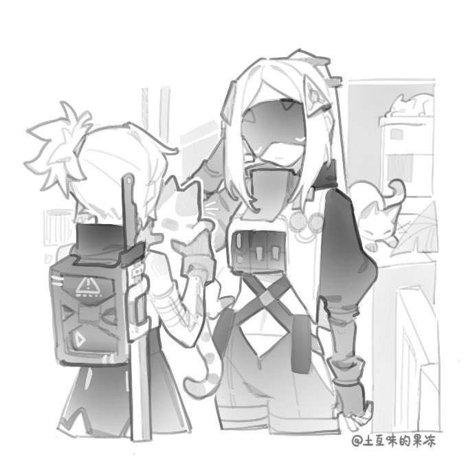 2girls, animal, blindfold, cat, closed_mouth, greyscale, hair_between_eyes, holding