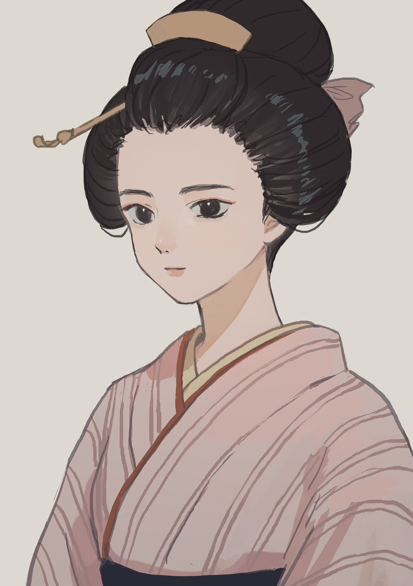 1girl, black_eyes, black_hair, closed_mouth, expressionless, eyeshadow, forehead, hair_ornament, hair_ribbon, highres, japanese_clothes, kanzashi, kimono, lips, makeup, marumage, nanohanairo, nihongami, obi, original, pink_eyeshadow, pink_kimono, pink_lips, pink_ribbon, ribbon, sash, simple_background, solo, striped_clothes, upper_body