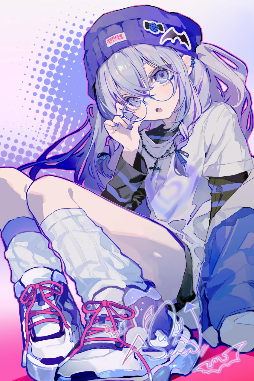 glasses, highres, holding, holding_removed_eyewear, nenecrepe, shoes, sneakers, unworn_eyewear