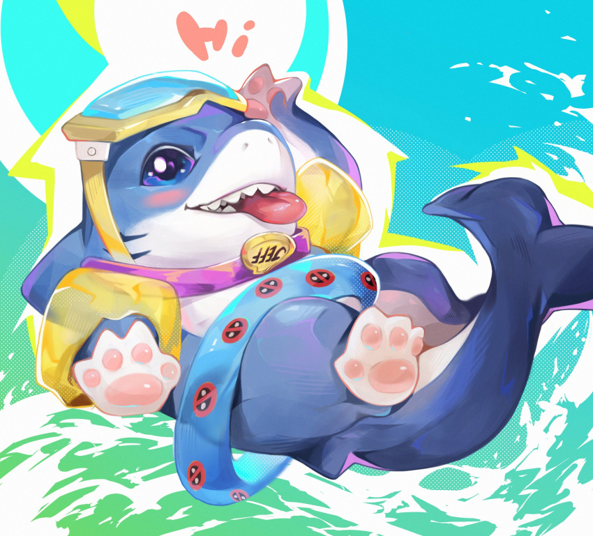 1boy, blush, collar, english_commentary, english_text, fangs, fins, fish_tail, goggles, goggles_on_head, highres, inflatable_armbands, jeff_the_land_shark, looking_at_viewer, male_focus, marvel, marvel_rivals, name_tag, open_mouth, pawpads, shark, shark_fin, shark_tail, smile, swim_ring, tail, tongue, tongue_out, water, waving, zhaowaaa