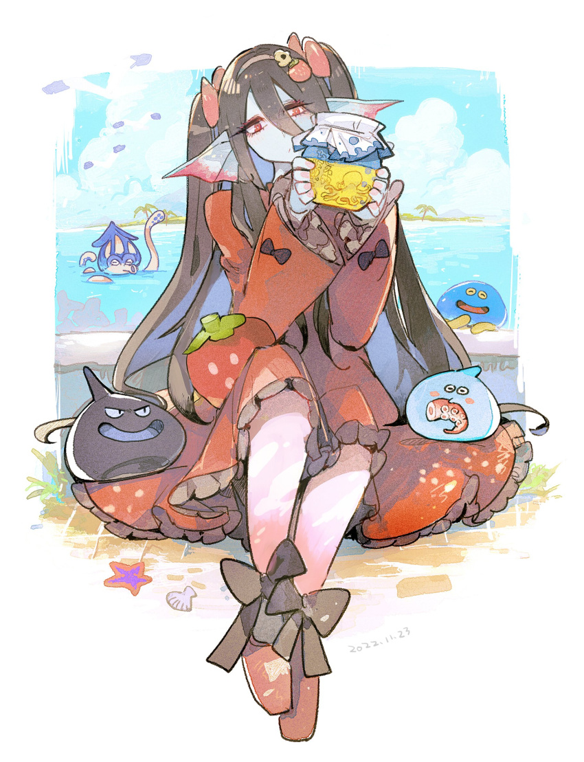 1girl, :o, ankle_bow, black_bow, black_hair, blue_hair, blue_sky, bow, clam_shell, clouds, colored_inner_hair, commentary_request, dated, dress, fins, food, food-themed_hair_ornament, frilled_dress, frilled_sleeves, frills, fruit, full_body, hair_between_eyes, hair_bow, hair_ornament, head_fins, highres, holding, holding_jar, jar, linne_(hld_doreko), long_hair, long_hair_between_eyes, long_sleeves, multicolored_hair, ocean, original, red_bow, red_dress, red_eyes, sitting, sky, sleeve_bow, slime_(creature), squid, starfish, strawberry, strawberry_hair_ornament, twintails, two_side_up, very_long_hair, very_long_sidelocks, wide_sleeves