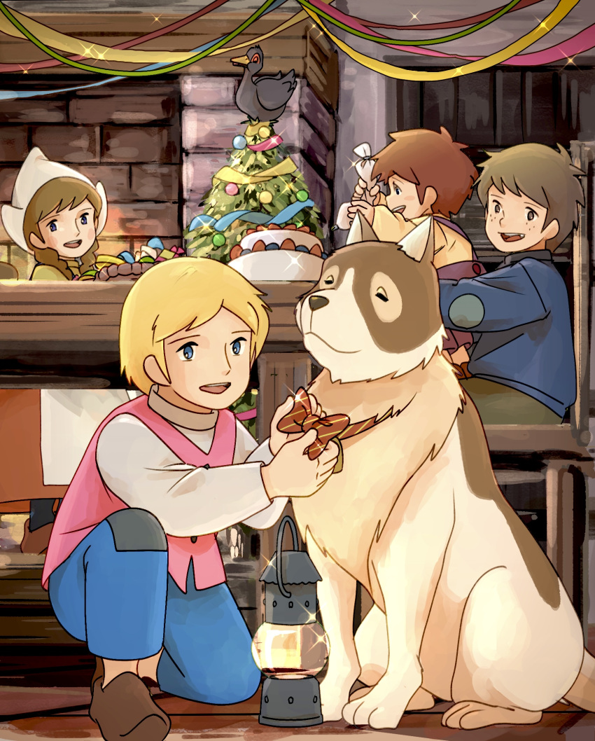 a_dog_of_flanders, aloise_cogez, animal, blonde_hair, blue_eyes, bow, braid, brick_wall, brown_hair, brown_shoes, cake, child, christmas, christmas_ornaments, christmas_tree, dog, dress, dutch_cap, food, freckles, george_(a_dog_of_flanders), highres, indoors, lantern, nello_(a_dog_of_flanders), open_mouth, pants, paul_(a_dog_of_flanders), petrasche_(a_dog_of_flanders), pocco1224, shoes, short_hair, streamers, table, twin_braids