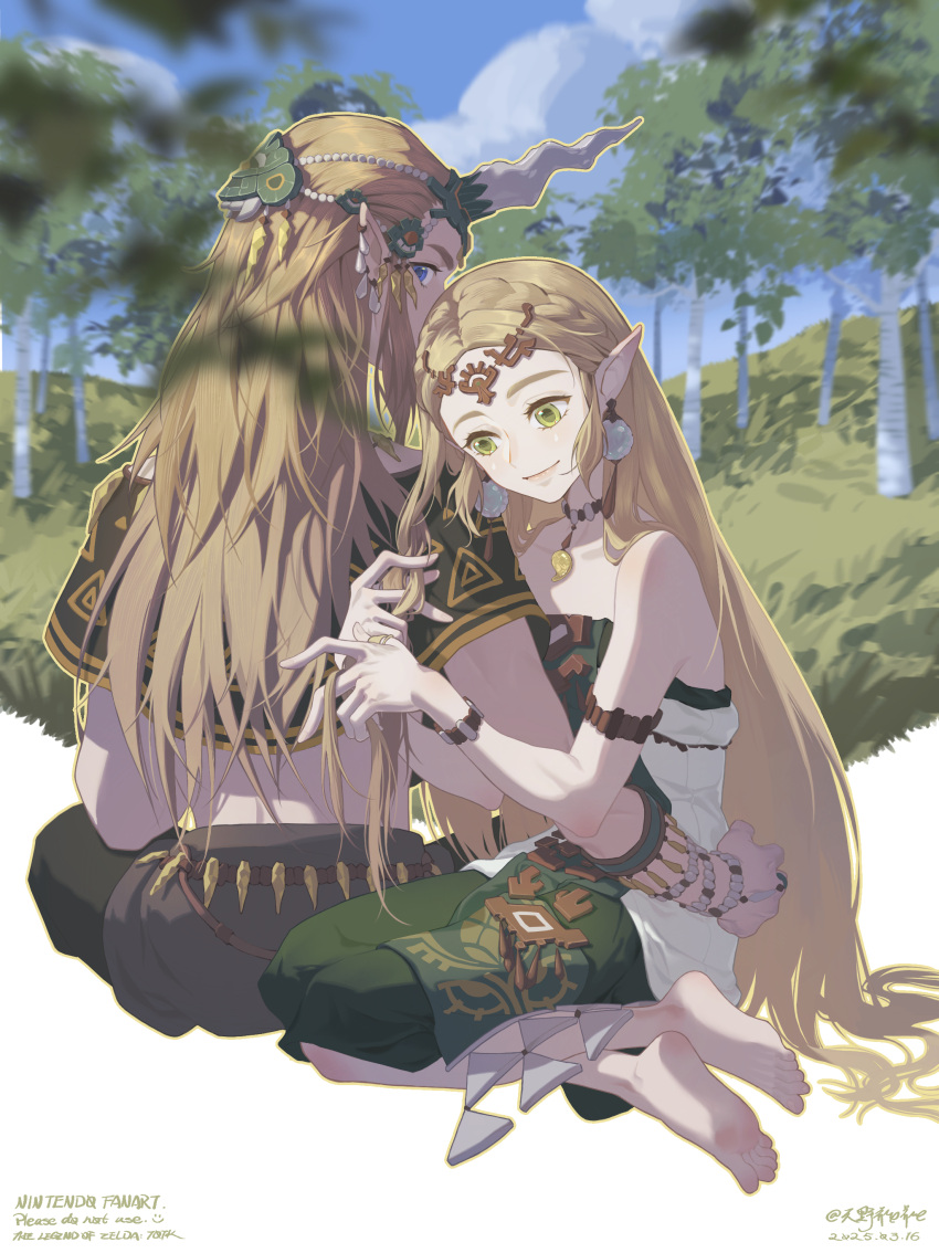 1boy, 1girl, absurdres, blonde_hair, blue_eyes, braid, charged_set_(zelda), crown_braid, dress, fake_horns, green_eyes, highres, horned_headwear, horned_tiara, horns, link, long_hair, looking_at_viewer, looking_back, official_alternate_costume, pointy_ears, princess_zelda, single_horn, smile, the_legend_of_zelda, the_legend_of_zelda:_tears_of_the_kingdom, tianyexiping, tiara, very_long_hair