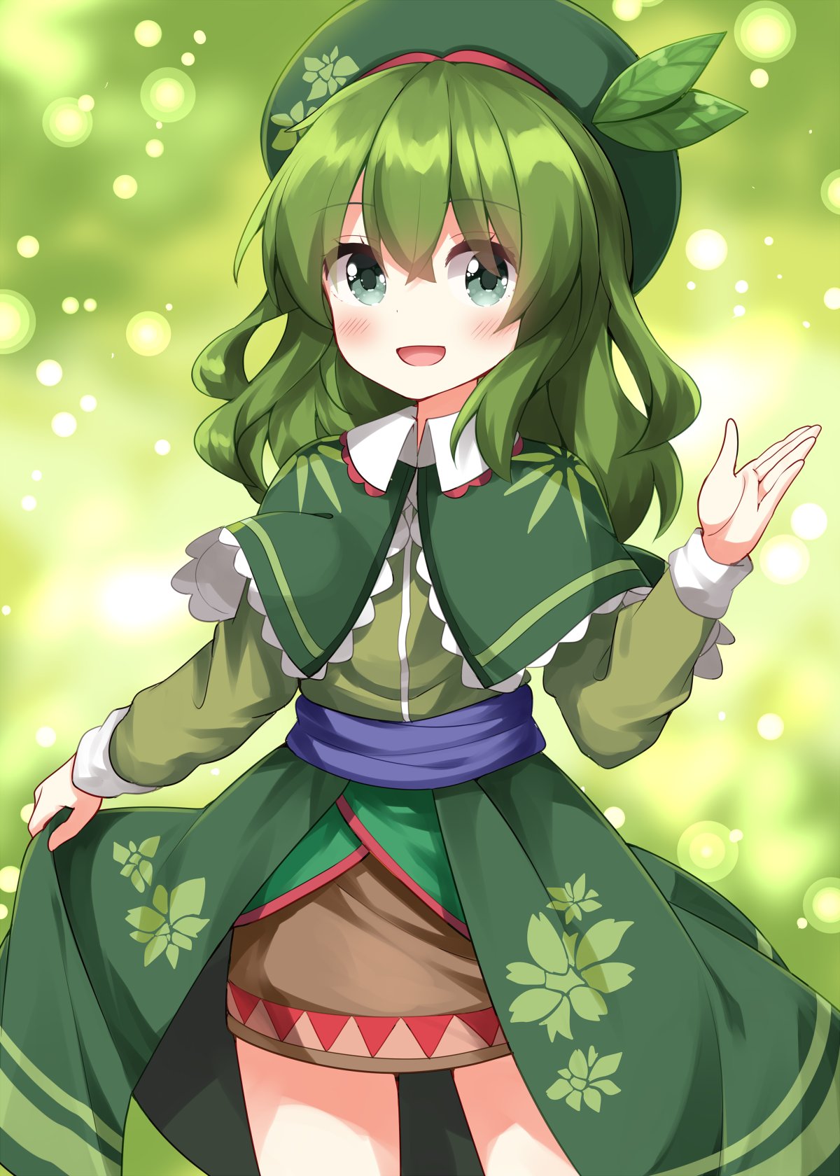 1girl, :d, blush, capelet, commentary_request, cowboy_shot, dress, green_background