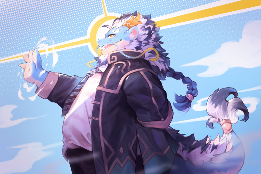 1boy, arm_behind_back, black_coat, braid, chinese_commentary, claws, coat, commentary_request