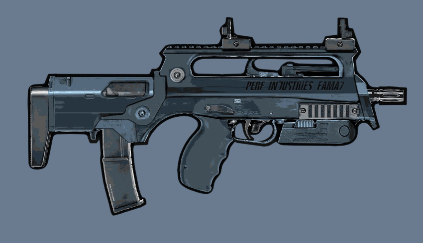 assault_rifle, bullpup, english_commentary, famas, from_side, fusion, grey_background, gun, h&amp;k_mp7, no_humans, original, perforator, rifle, simple_background, submachine_gun, weapon, weapon_focus