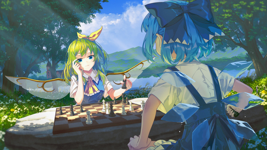 2girls, ascot, banjie, blue_bow, blue_dress, blue_eyes, blue_hair, board_game