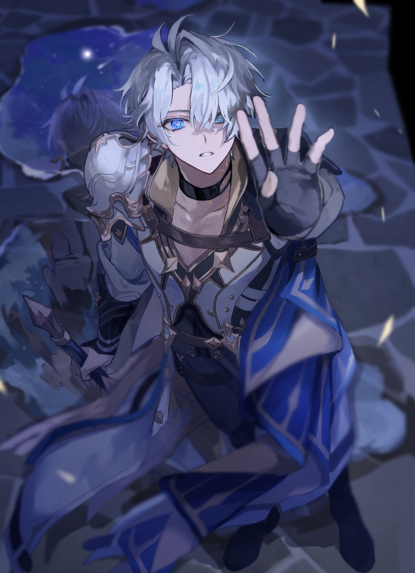 1boy, absurdres, antenna_hair, armor, black_choker, black_gloves, black_shirt, black_shoes