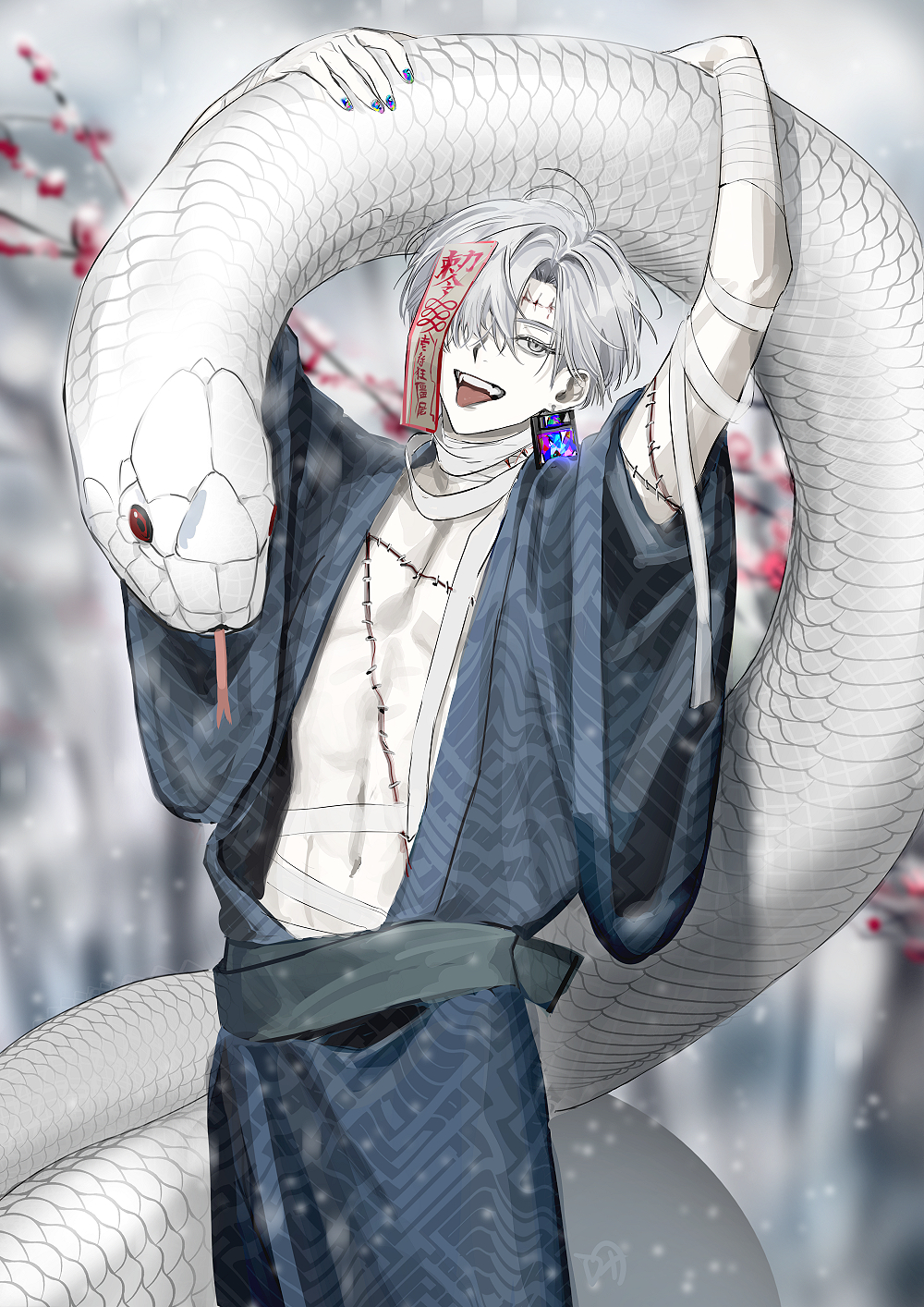 1boy, animal, bandaged_arm, bandaged_neck, bandages, blurry, blurry_background, colored_skin