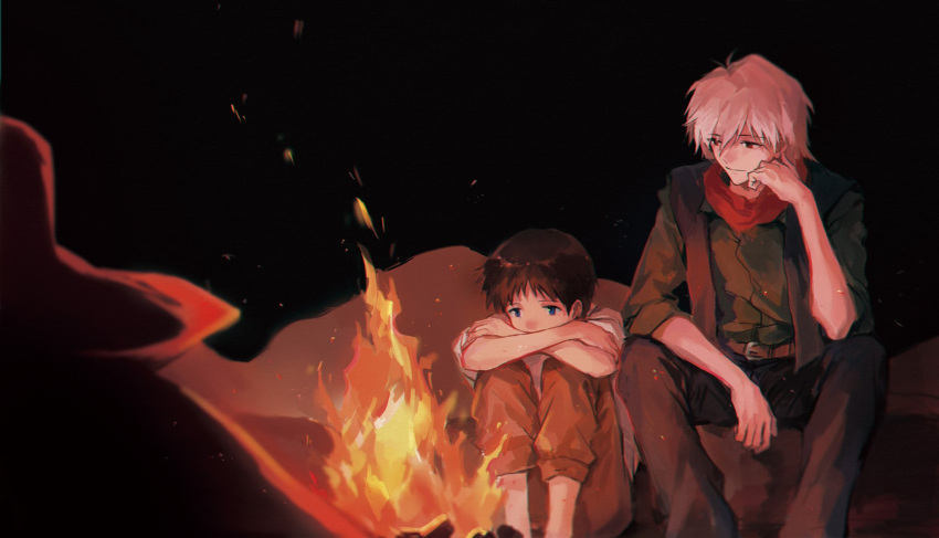 2boys, arm_on_knee, bandana, bandana_around_neck, belt, belt_buckle, black_pants, black_shirt