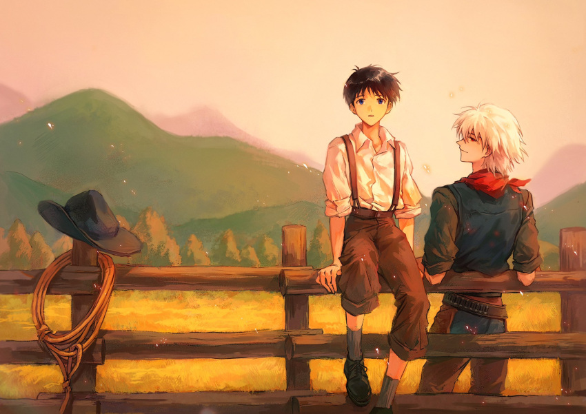 2boys, bandana, bandana_around_neck, belt, black_hat, black_shirt, black_socks, blue_eyes
