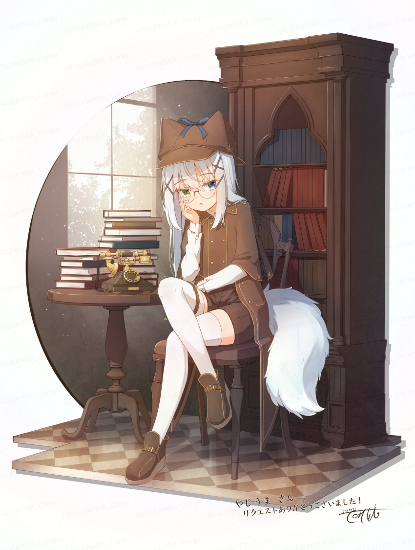 1boy, absurdres, animal_ears, antique_phone, blue_eyes, book, book_stack, bookshelf, brown_jacket, brown_shoes, brown_shorts, collared_shirt, commentary_request, corded_phone, coreytaiyo, crossed_legs, dated, glasses, green_eyes, grey_hair, hair_ornament, hairclip, heterochromia, highres, indie_virtual_youtuber, indoors, jacket, long_hair, looking_at_viewer, male_focus, parted_lips, phone, round_eyewear, shinonome_nono, shirt, shoes, shorts, signature, solo, tail, thigh-highs, translation_request, very_long_hair, virtual_youtuber, white_shirt, white_thighhighs, window, x_hair_ornament