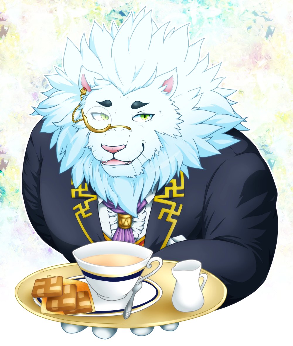 1boy, animal_ears, black_coat, coat, commentary_request, fangs, furry, furry_male