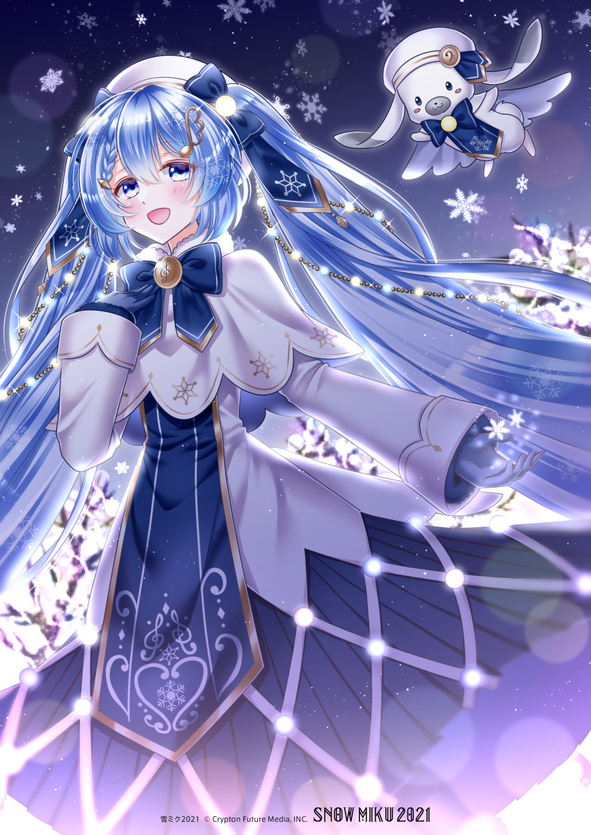 1girl, :d, absurdres, beret, blue_eyes, blue_gloves, blue_hair, blue_tabard