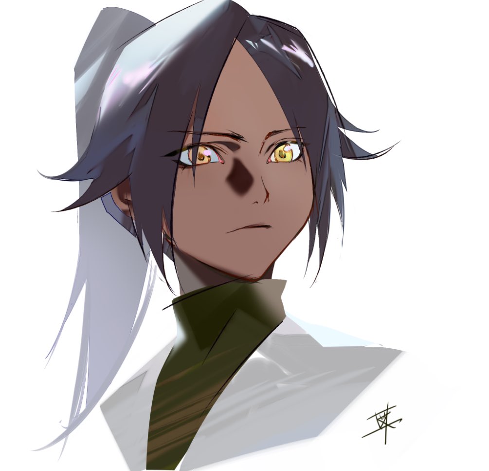 1girl, bleach, coat, dark-skinned_female, dark_skin, ebi_draw, green_shirt, grey_coat, high_ponytail, long_hair, looking_to_the_side, mature_female, ponytail, purple_hair, shihouin_yoruichi, shirt, sidelocks, signature, simple_background, solo, turtleneck, turtleneck_shirt, white_background, yellow_eyes