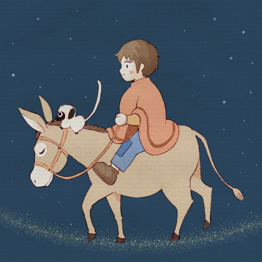 1boy, amedeo, blue_pants, blush_stickers, brown_hair, brown_shoes, child, closed_eyes