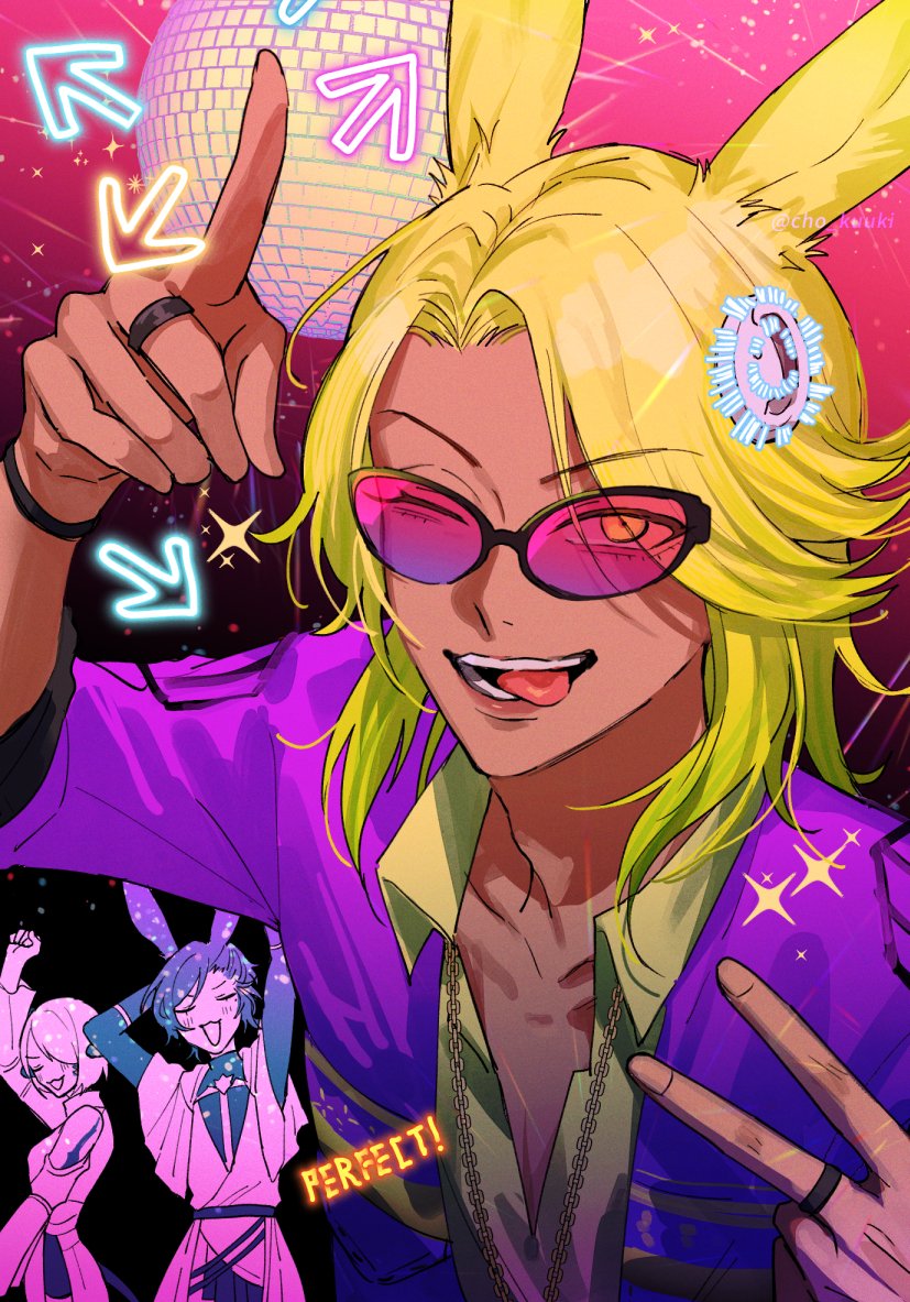 1girl, 2boys, animal_ears, arrow_(symbol), black_background, blonde_hair, bracelet, chain, chain_necklace, cho_kuuki, dancing, dancing_green, disco_ball, eyes_visible_through_hair, final_fantasy, final_fantasy_xiv, gradient_background, index_finger_raised, jewelry, looking_at_viewer, male_focus, medium_hair, multiple_boys, necklace, one_eye_closed, pink-tinted_eyewear, pink_background, purple_shirt, rabbit_ears, ring, shirt, smile, solo_focus, sparkle, sunglasses, tinted_eyewear, tongue, tongue_out, twitter_username, v, viera, warrior_of_light_(ff14), yellow_eyes