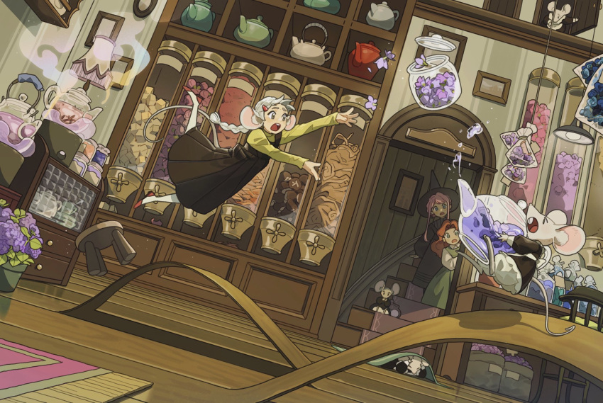 6+girls, animal, animal_ears, apron, black_dress, black_hat, braid, braided_ponytail