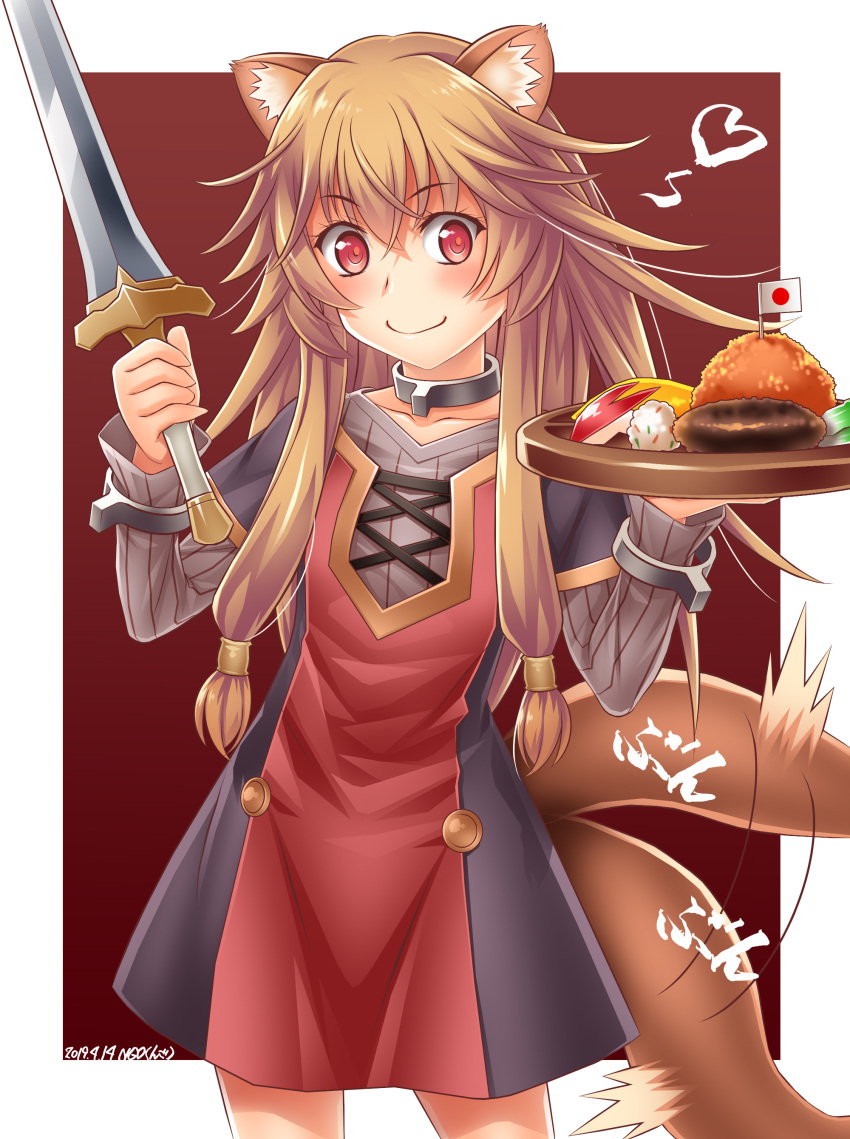 1girl, absurdres, animal_ear_fluff, animal_ears, apple, apple_slice, black_dress, blush, border, brown_hair, child, closed_mouth, collar, commentary_request, dated, dress, food, food_request, fruit, grey_dress, hands_up, heart, highres, holding, holding_food, holding_sword, holding_weapon, layered_dress, long_hair, long_sleeves, looking_at_viewer, metal_collar, metal_wrist_cuffs, ngo_(ngo_dandelion), outside_border, raccoon_ears, raccoon_girl, raccoon_tail, raphtalia, red_background, red_dress, red_eyes, short_dress, short_sleeves, smile, solo, sword, tail, tail_wagging, tate_no_yuusha_no_nariagari, two-tone_dress, weapon, white_border